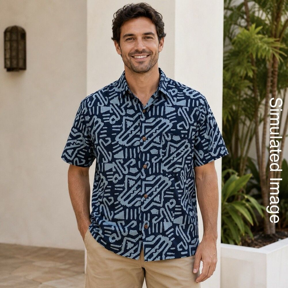 Noa Noa Hawaiian Shirt Mens Large Navy Blue Tribal Cotton Handmade Aloha